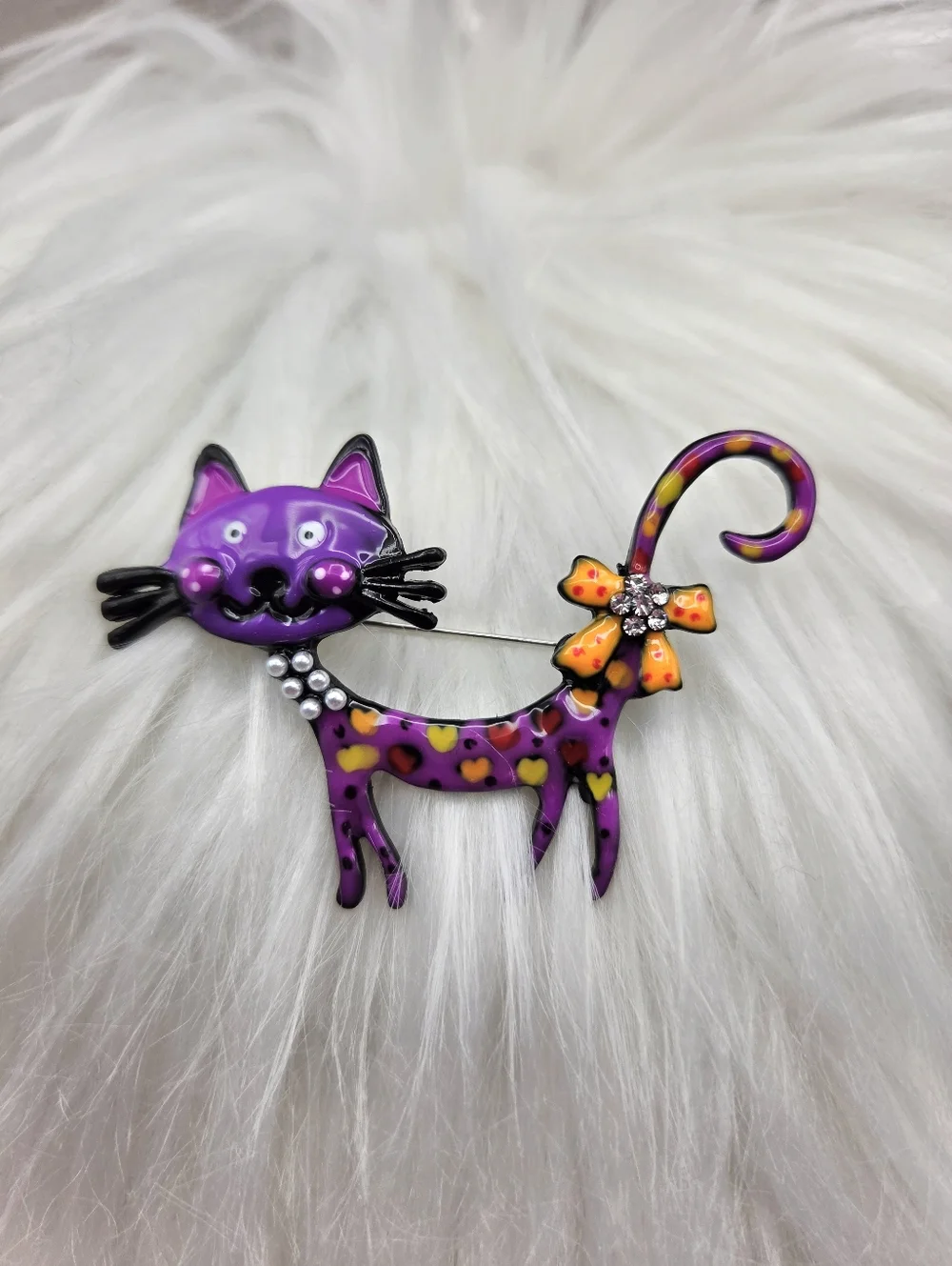 Whimsical Purple Cat Brooch with Orange Polka-Dot Bow, NWOT